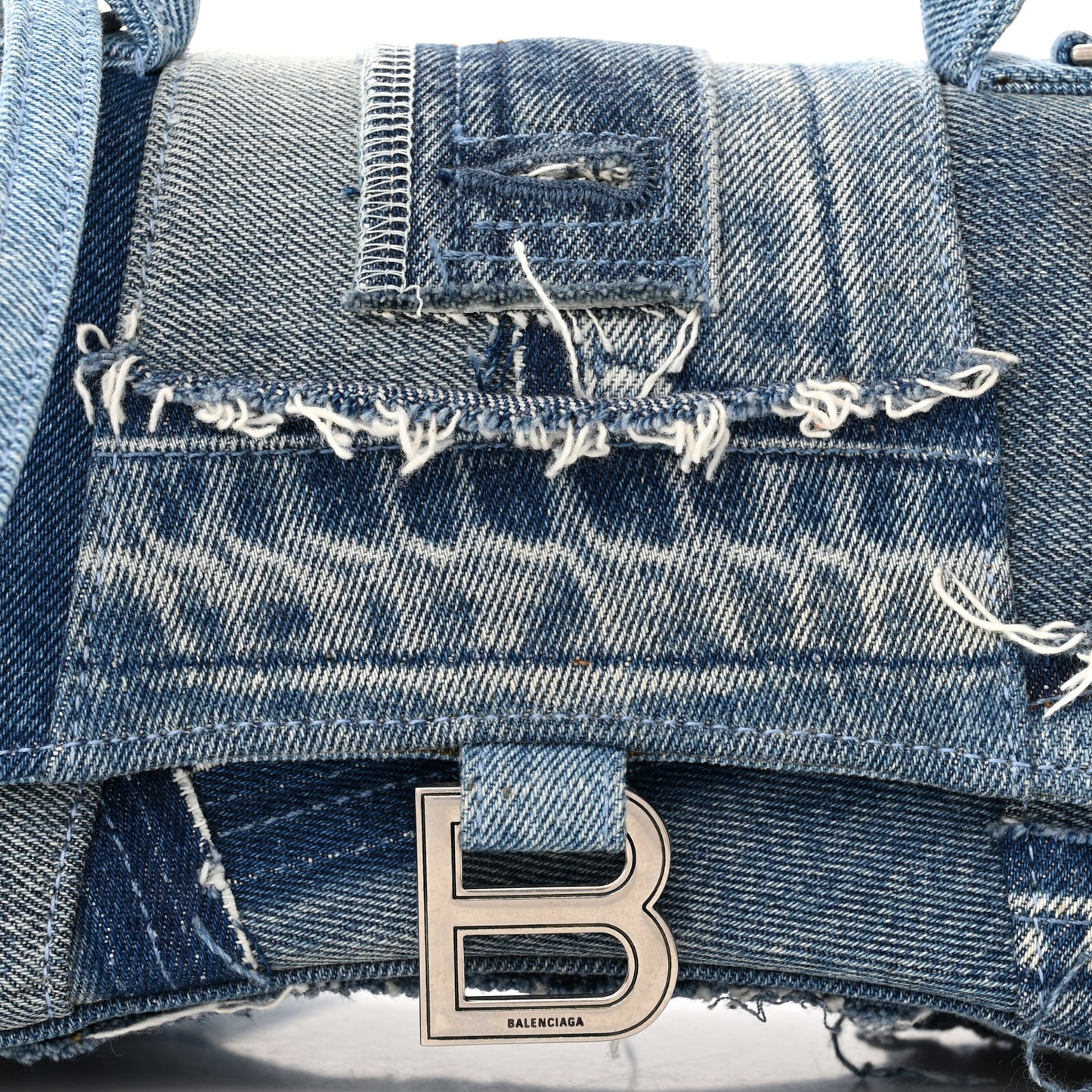 Denim Patchwork Small Hourglass Top Handle Bag Washed Blue
