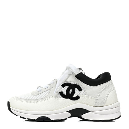 Chanel Mesh Suede Calfskin Grained Calfskin Womens CC Sneakers 35 White Black 1 of 10