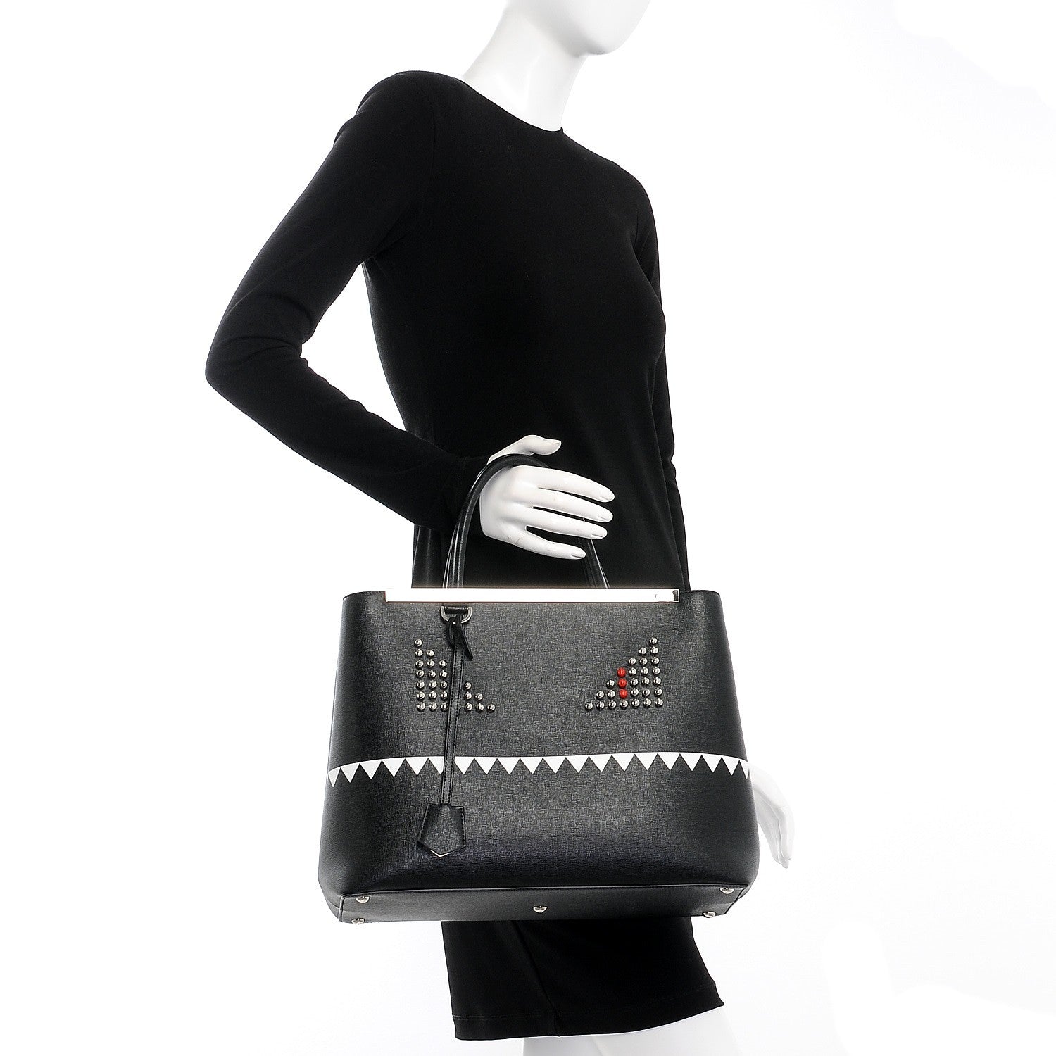 Fendi Vitello Elite Studded Monster Medium 2Jours Tote Black 3 of 8
