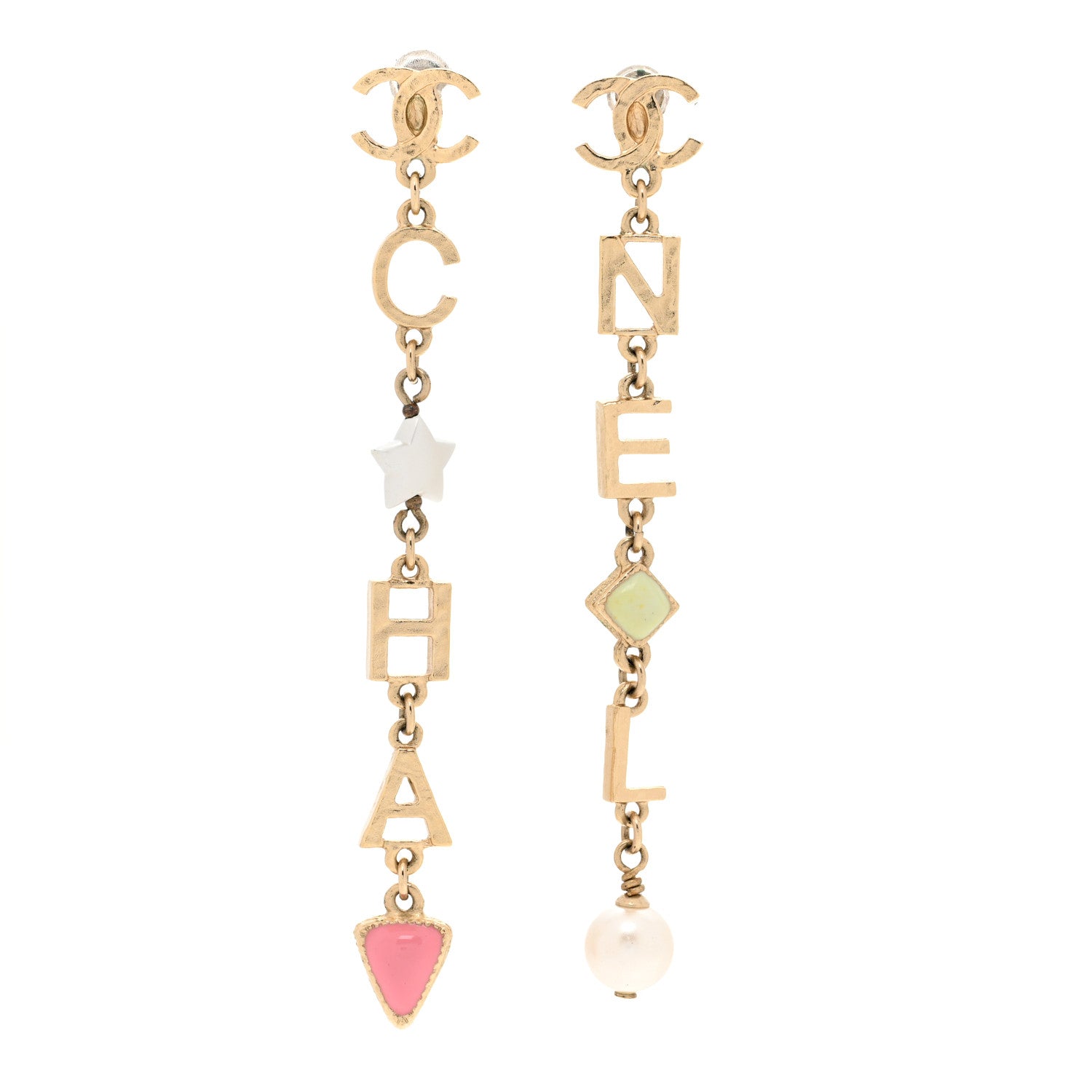 Chanel Resin Pearl Beaded Star Heart CC Logo Drop Earrings Gold Pink Multicolor 1 of 4