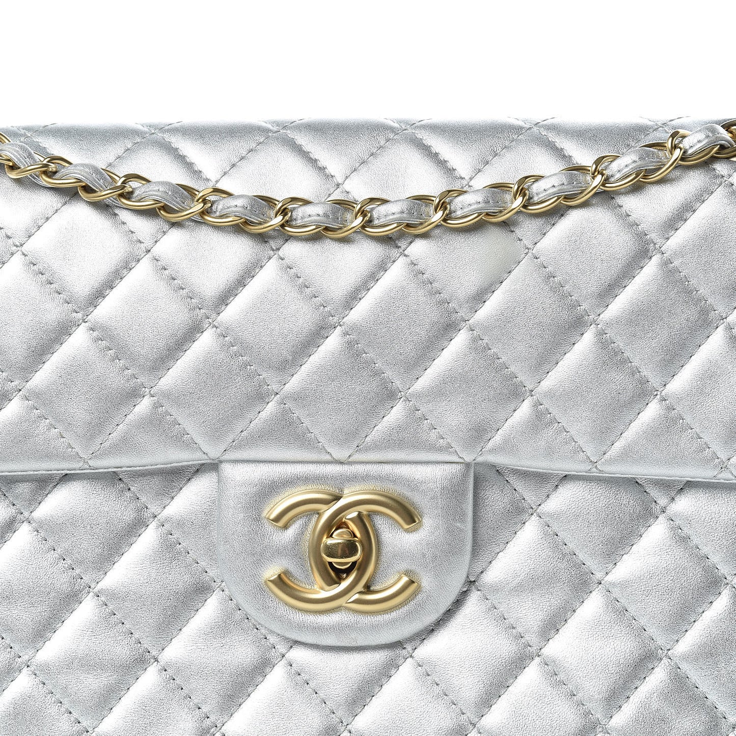 Metallic Lambskin Quilted Maxi Single Flap Silver