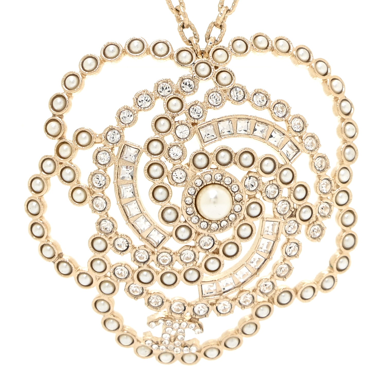 Chanel Pearl Crystal Lace Camellia Necklace Gold 4 of 6