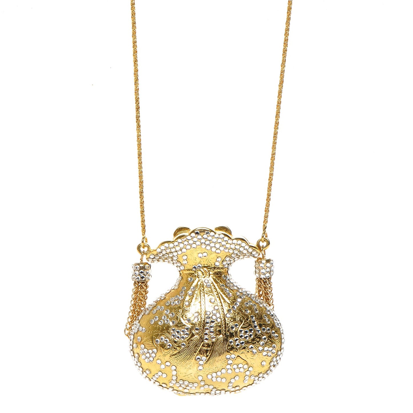 Crystal Minaudiere Pill Box Necklace Gold