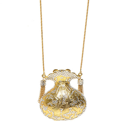 Judith Leiber Crystal Minaudiere Pill Box Necklace Gold 1 of 6