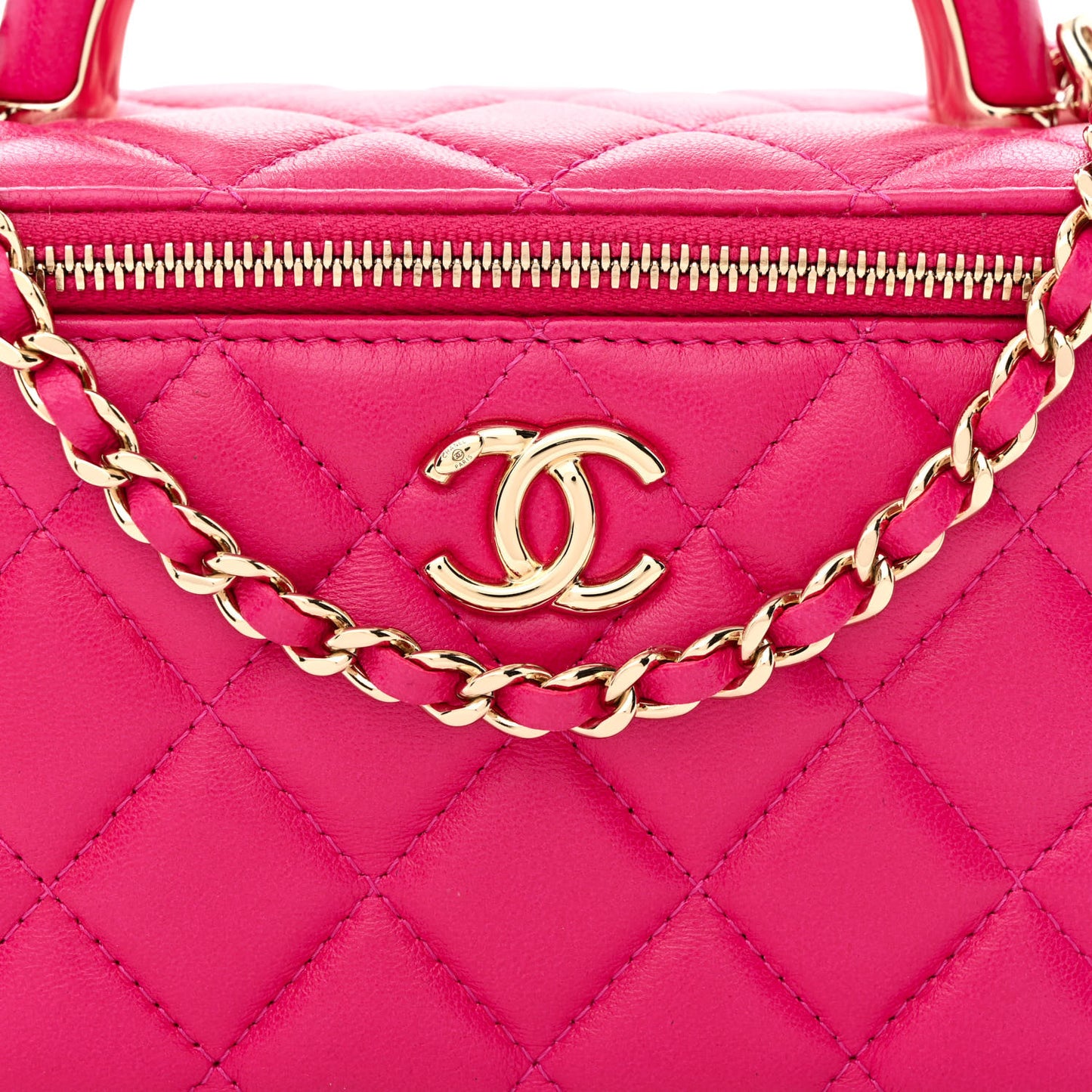 Lambskin Quilted Small Top Handle Vanity Case With Chain Dark Pink