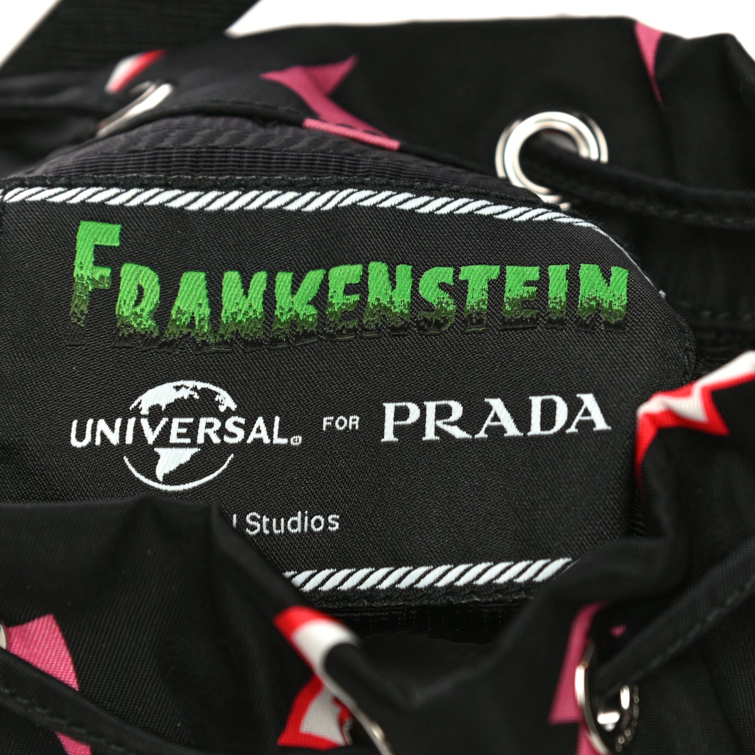Prada X UNIVERSAL STUDIOS Tessuto Nylon Saffiano Thunder Frankenstein Mini Bucket Crossbody Bag Lacca 6 of 10