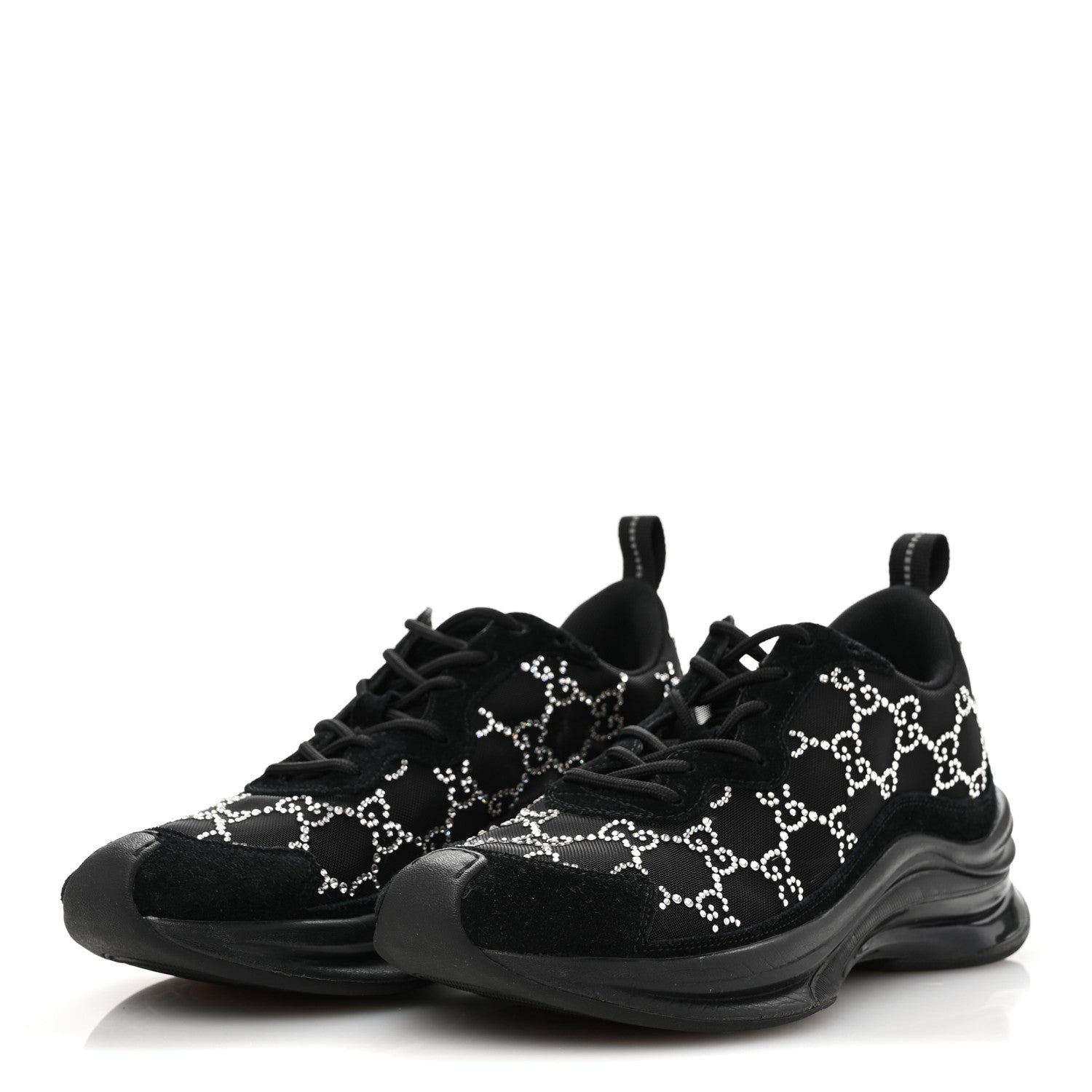 Gucci Tela Retino Mesh Crystal Suede GG Monogram Womens Gucci Run Sneakers 37 Black Silver 4 of 9