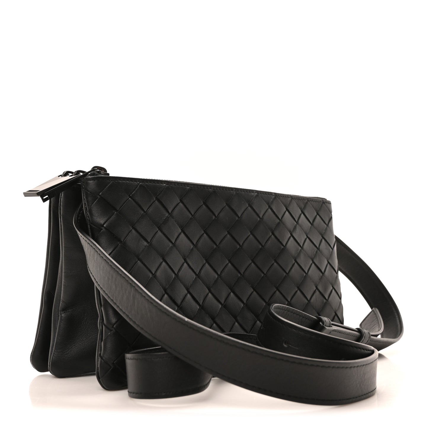 Nappa Intrecciato Triple Zip Messenger Bag Black