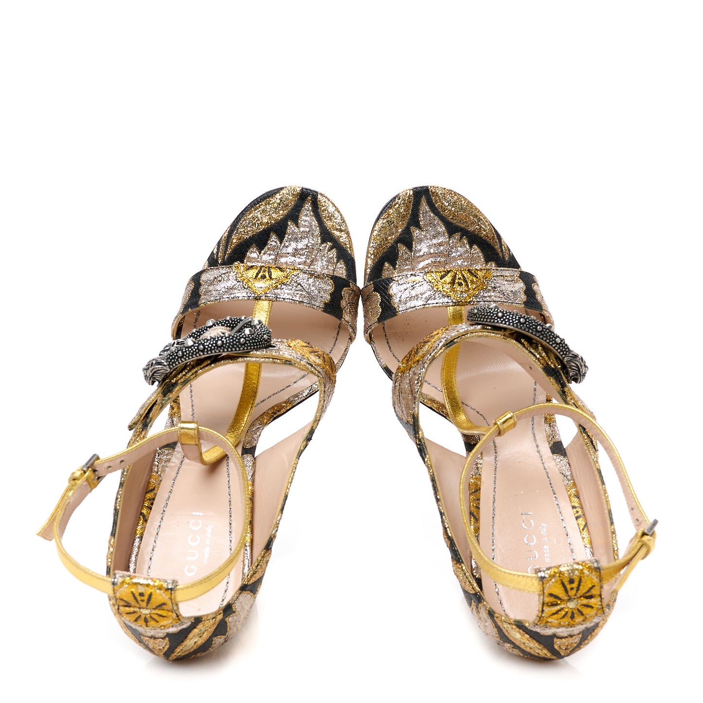 Brocade Floral Dionysus T-Strap High Heel Sandals 40 Oro