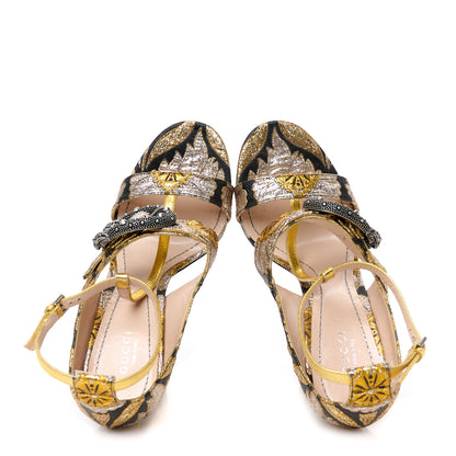 Gucci Brocade Floral Dionysus T-Strap High Heel Sandals 40 Oro 2 of 9