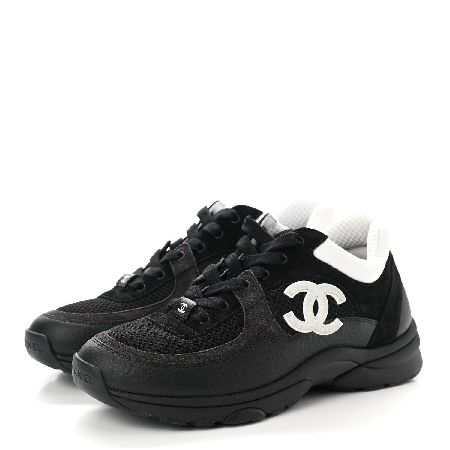 Chanel Mesh Suede Grained Calfskin Womens CC Sneakers 37 Black White 3 of 9