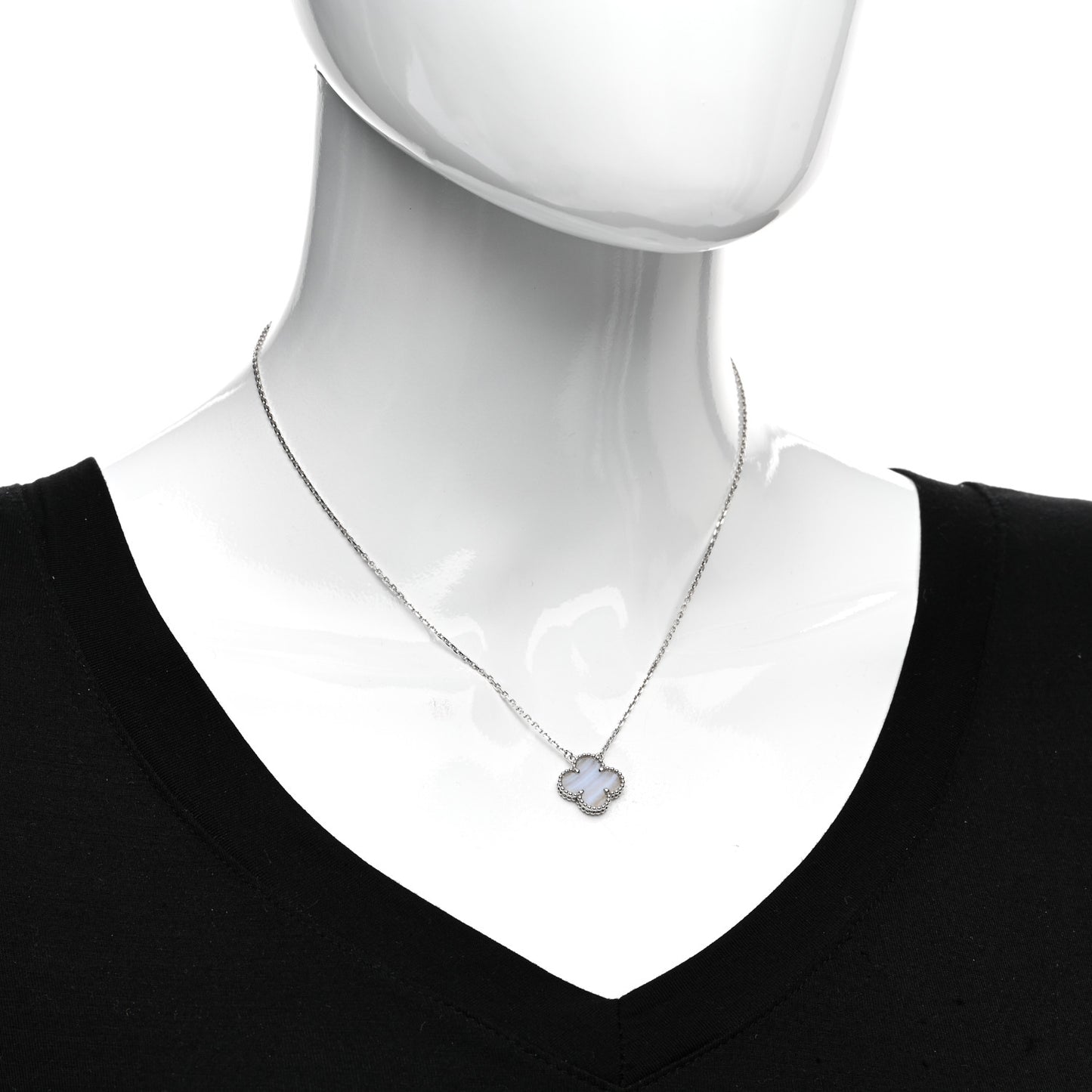 18K White Gold Chalcedony Vintage Alhambra Pendant Necklace