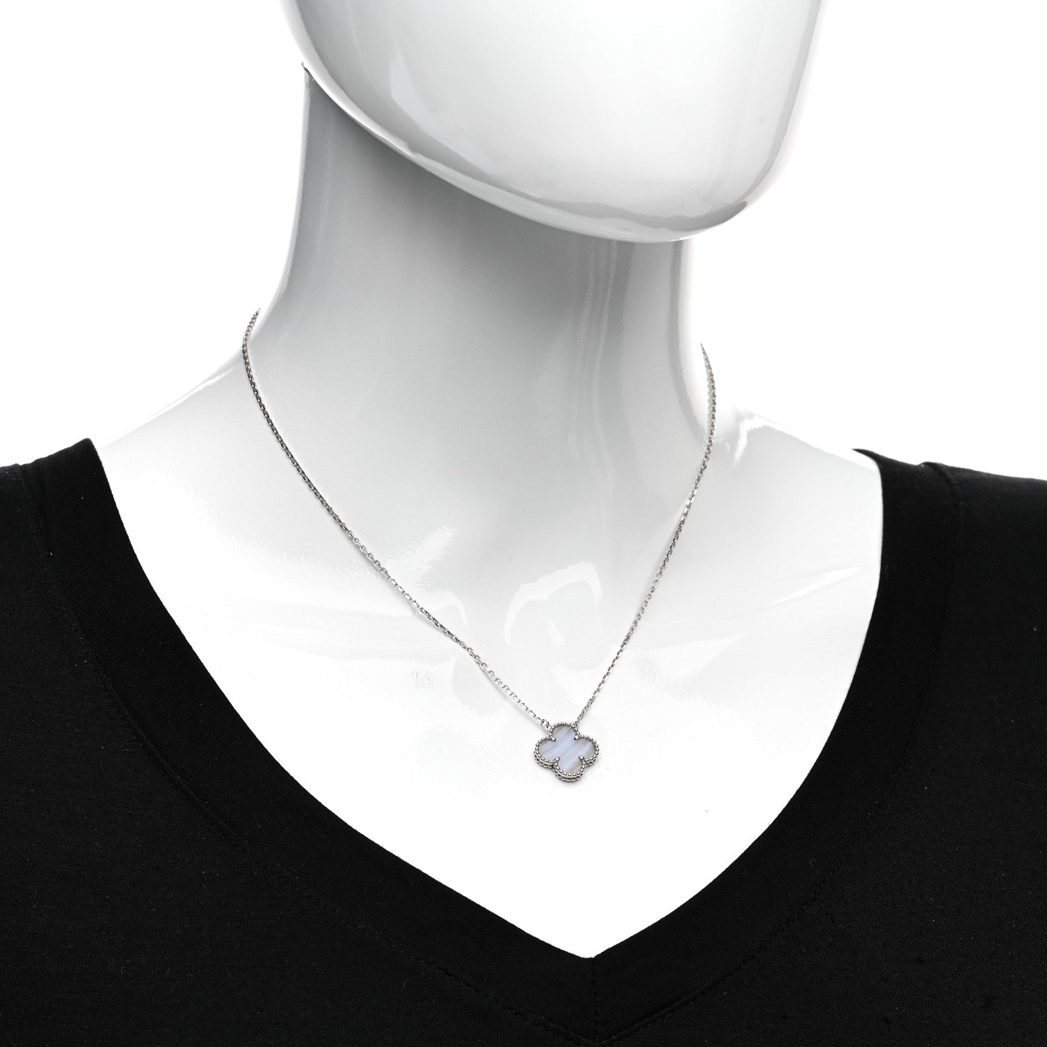 Van Cleef & Arpels 18K White Gold Chalcedony Vintage Alhambra Pendant Necklace 2 of 5