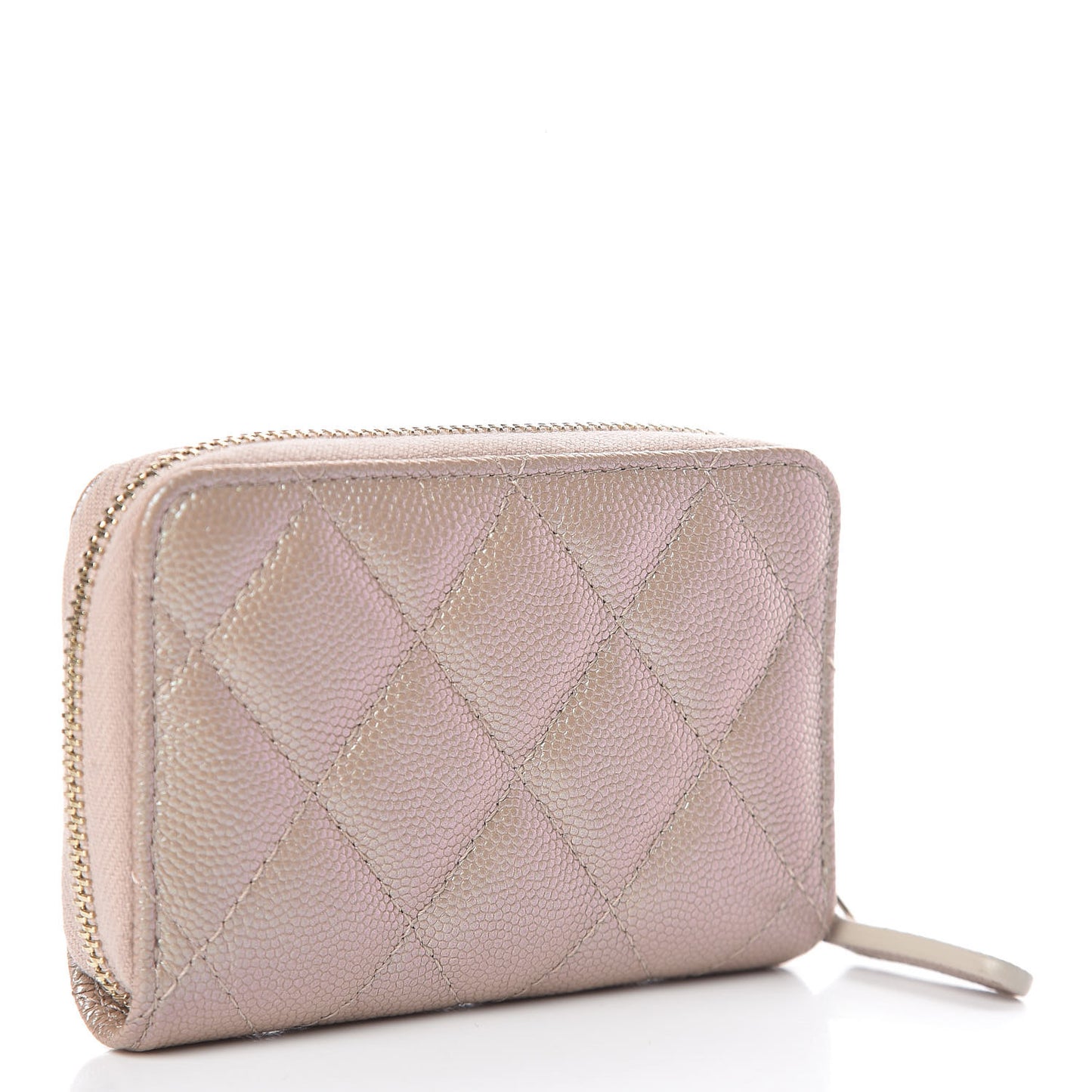 Iridescent Caviar Quilted Zip Around Coin Purse Beige