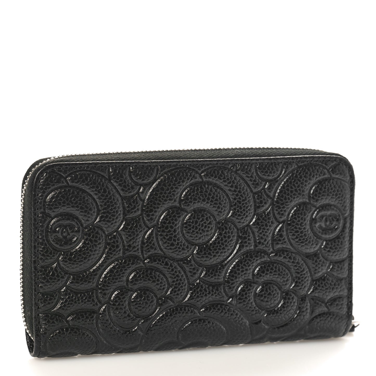 Caviar Camellia Embossed Large Zip Around Gusset Wallet Black
