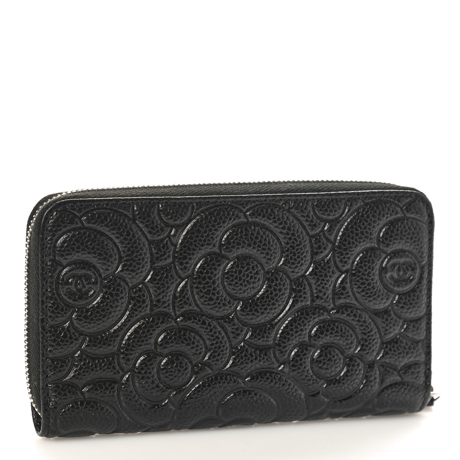 Chanel Caviar Camellia Embossed Large Zip Around Gusset Wallet Black 3 of 9