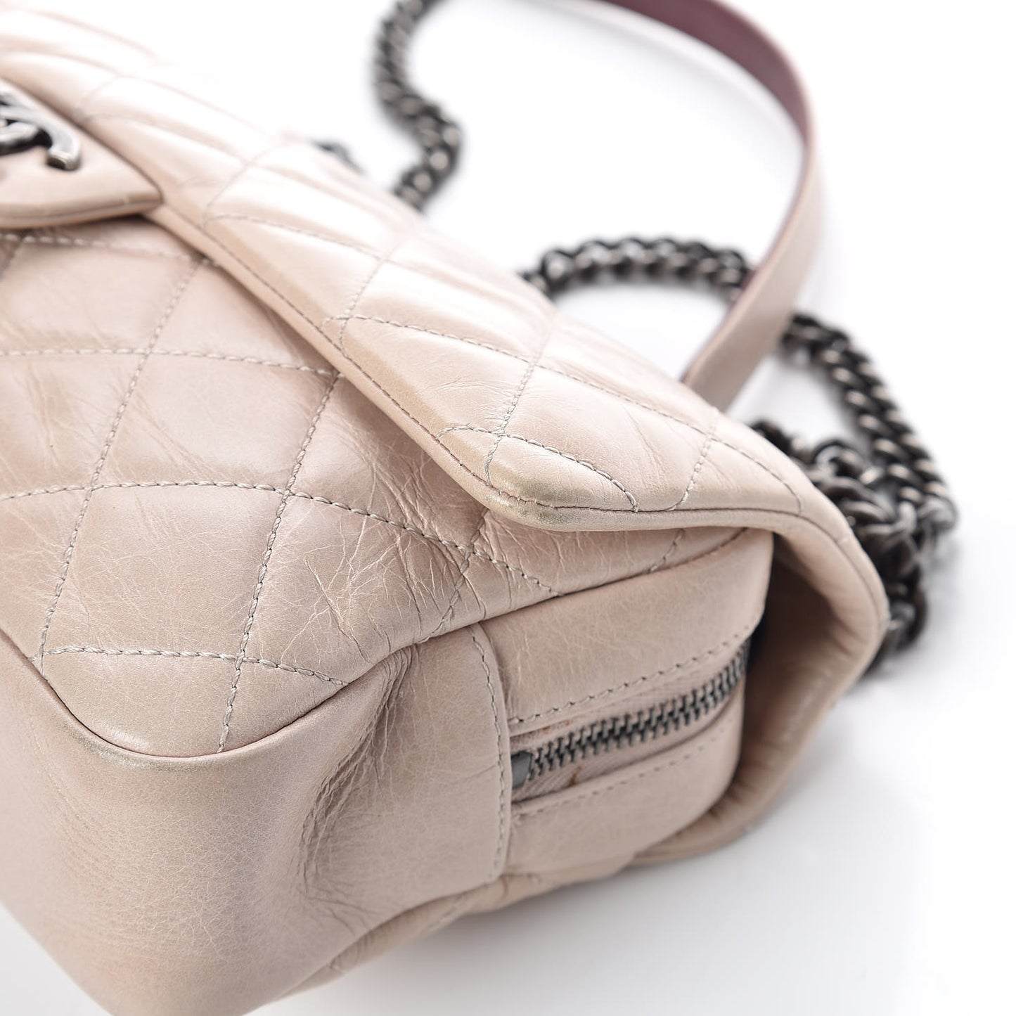 Glazed Calfskin Quilted Medium Duo Flap Beige
