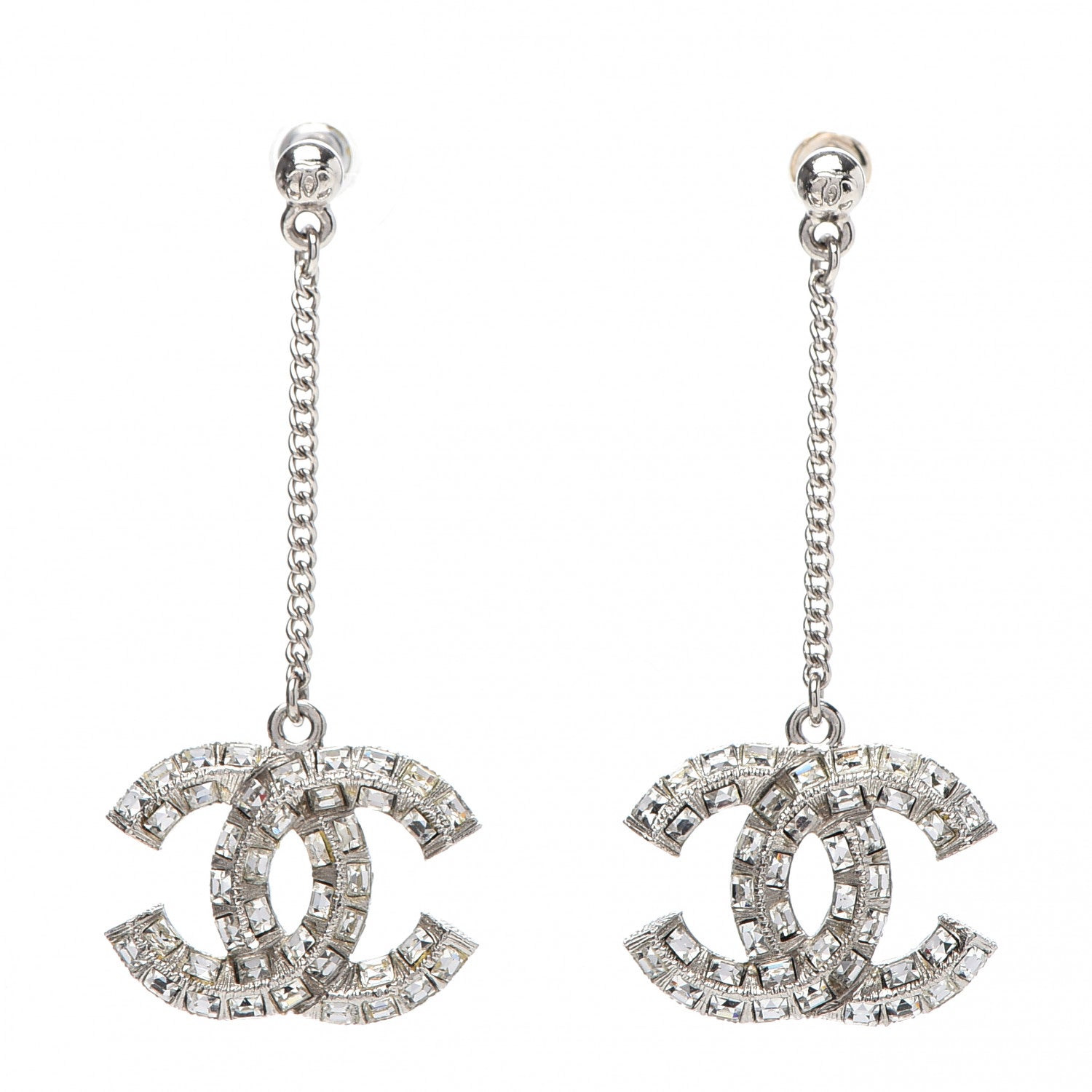 Chanel Baguette Crystal CC Drop Earrings Silver 1 of 4