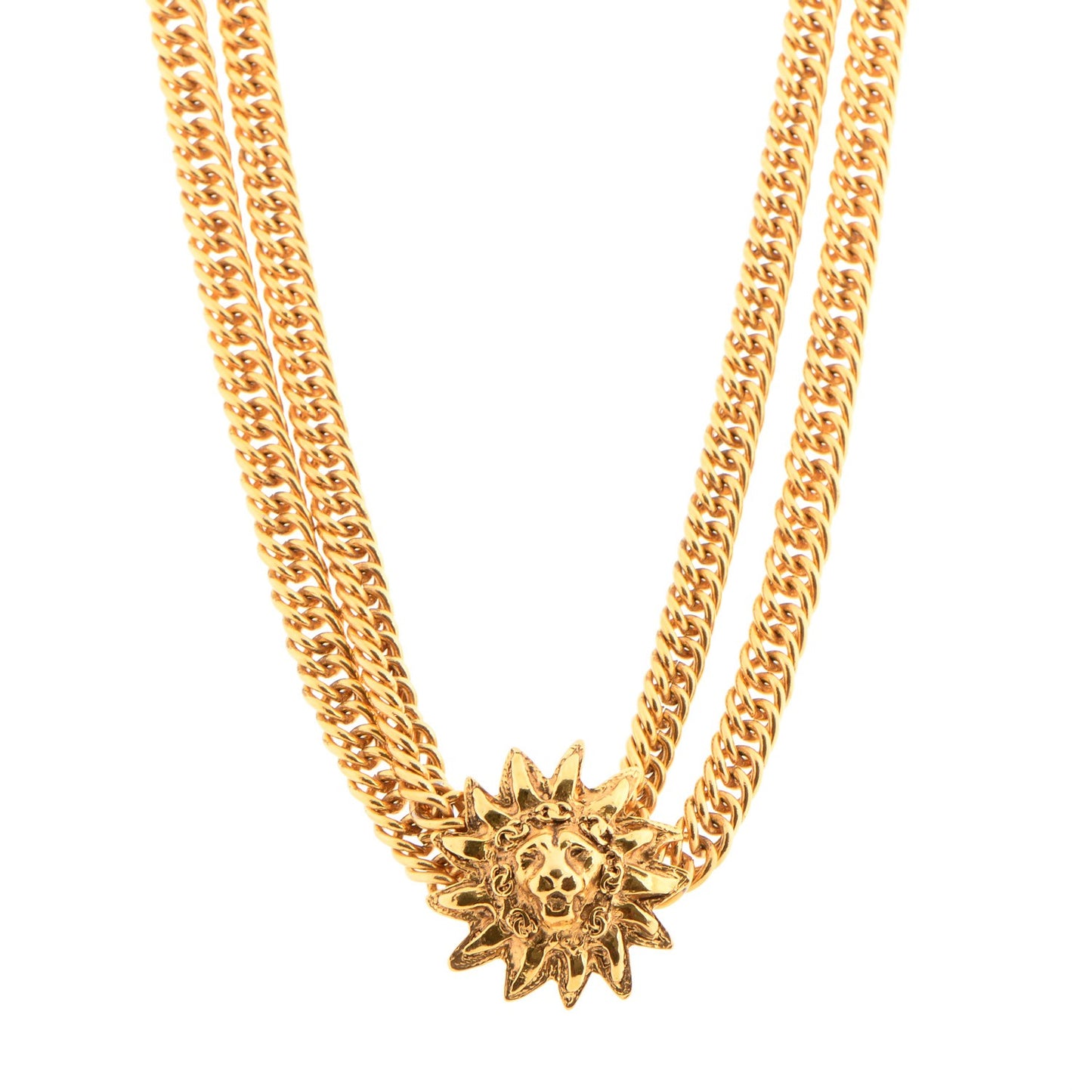 Multi Strand Chain Leo Lion Sun Medallion Necklace Gold