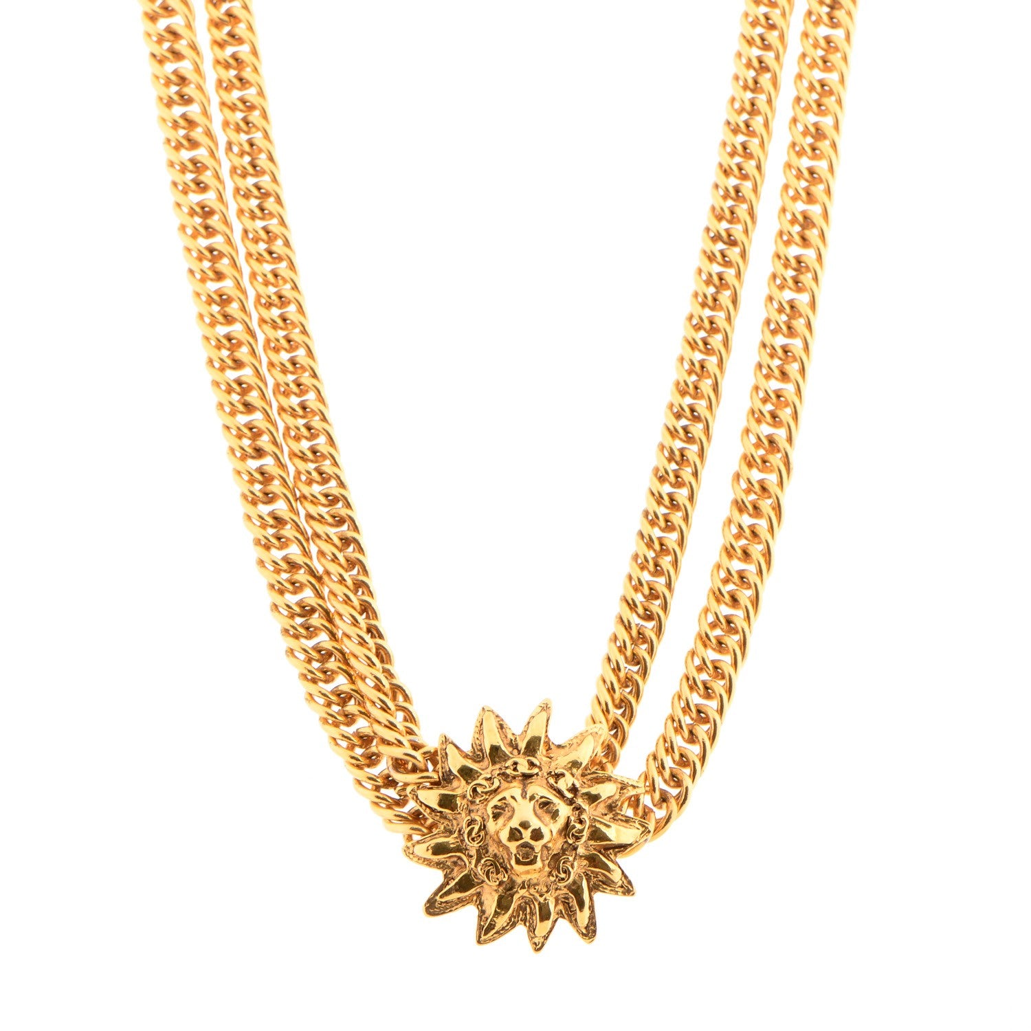 Chanel Multi Strand Chain Leo Lion Sun Medallion Necklace Gold 1 of 5