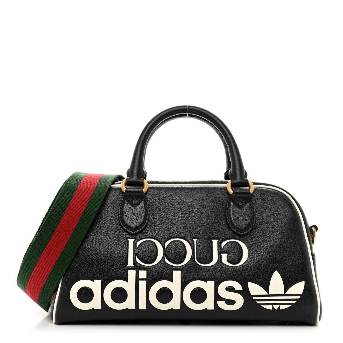 X ADIDAS Textured Dollar Calfskin Web Trefoil Logo Embossed Mini Bowling Bag Black Off White