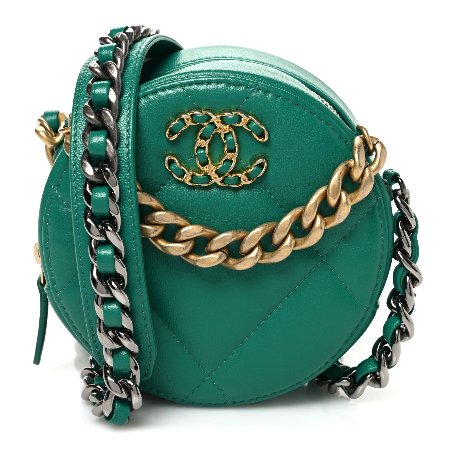 Chanel Lambskin Quilted Chanel 19 Round Clutch With Chain Green 1 of 10