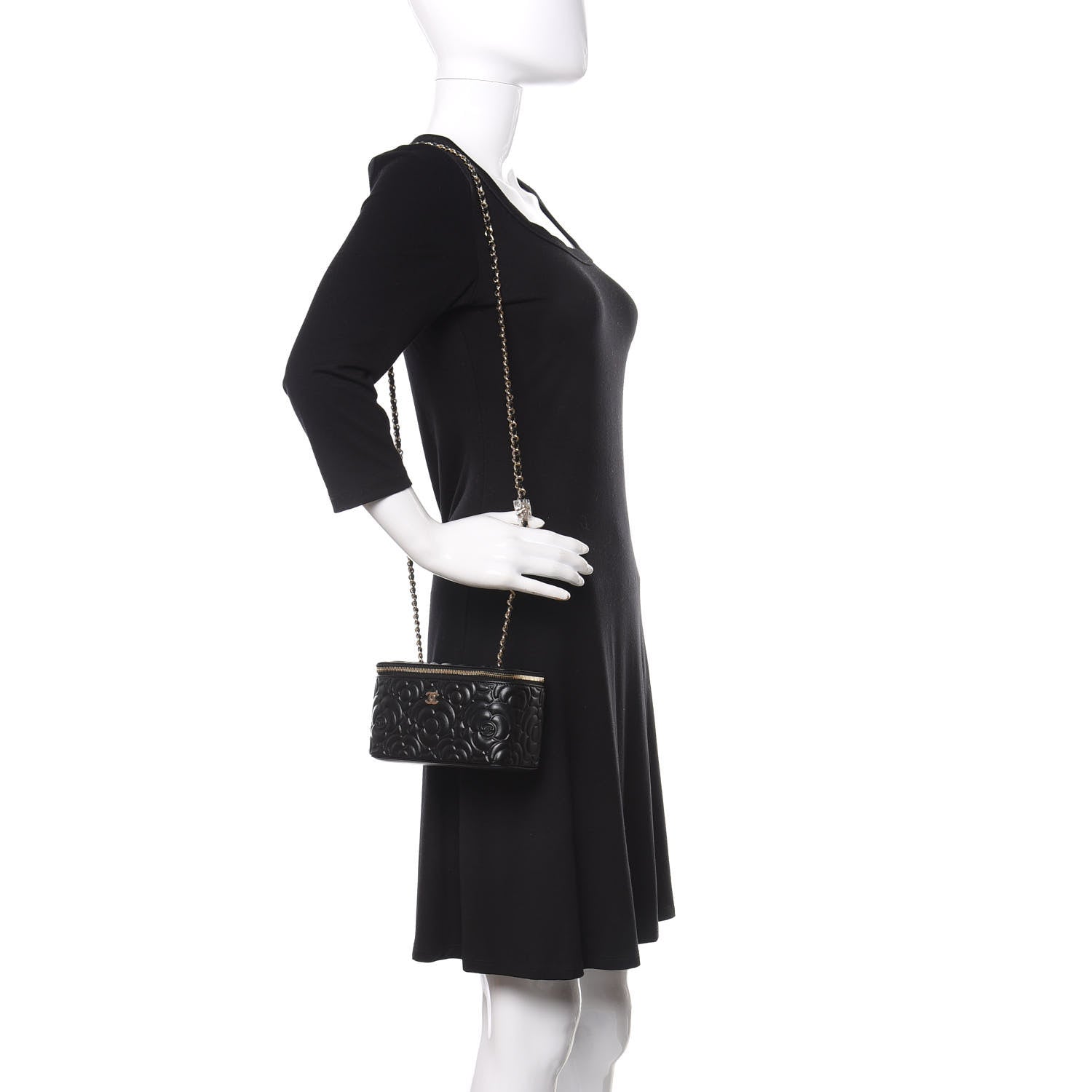 Chanel Lambskin Camellia Embossed Small Vanity Case With Chain Black 2 of 12