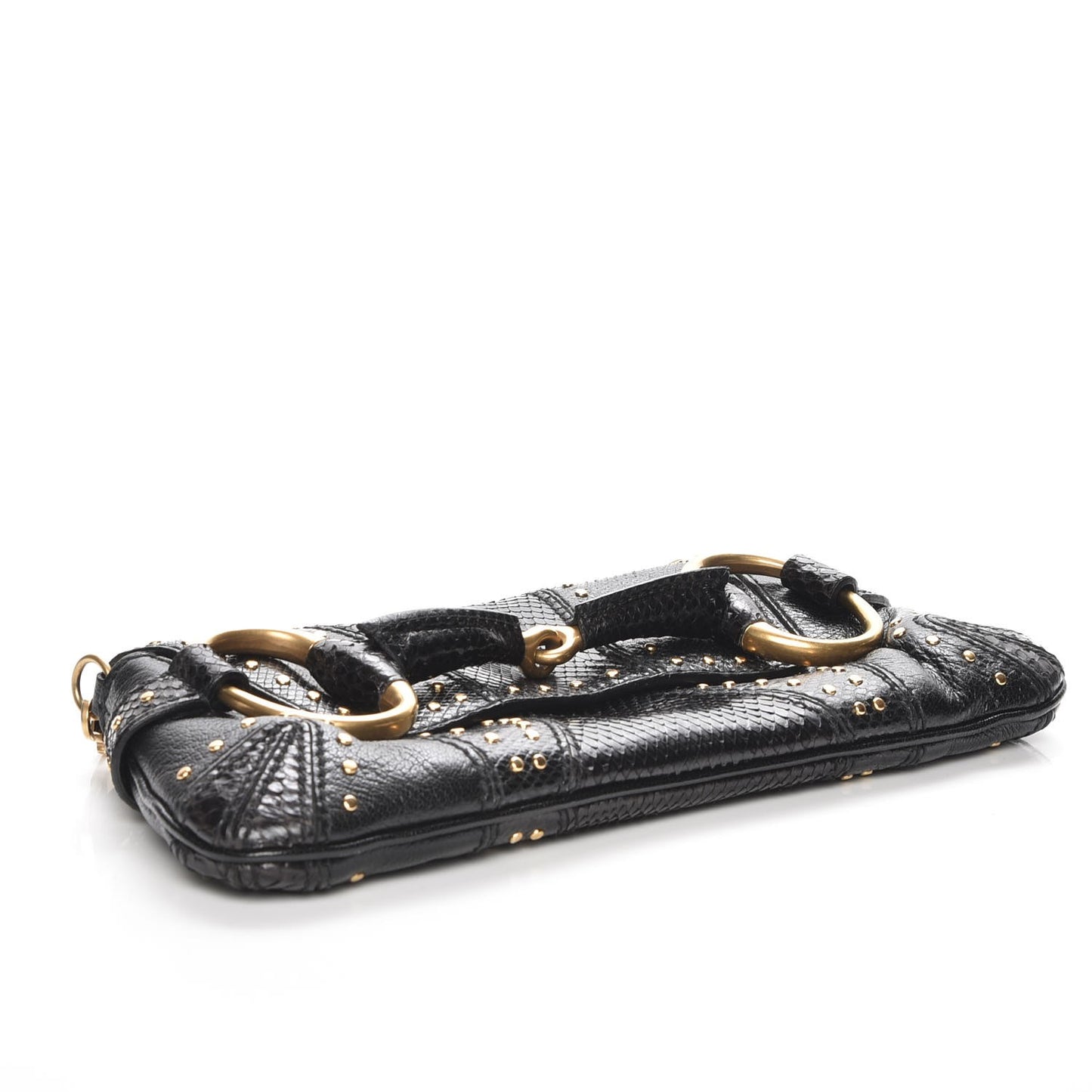 Python Studded Horsebit Chain Clutch Black