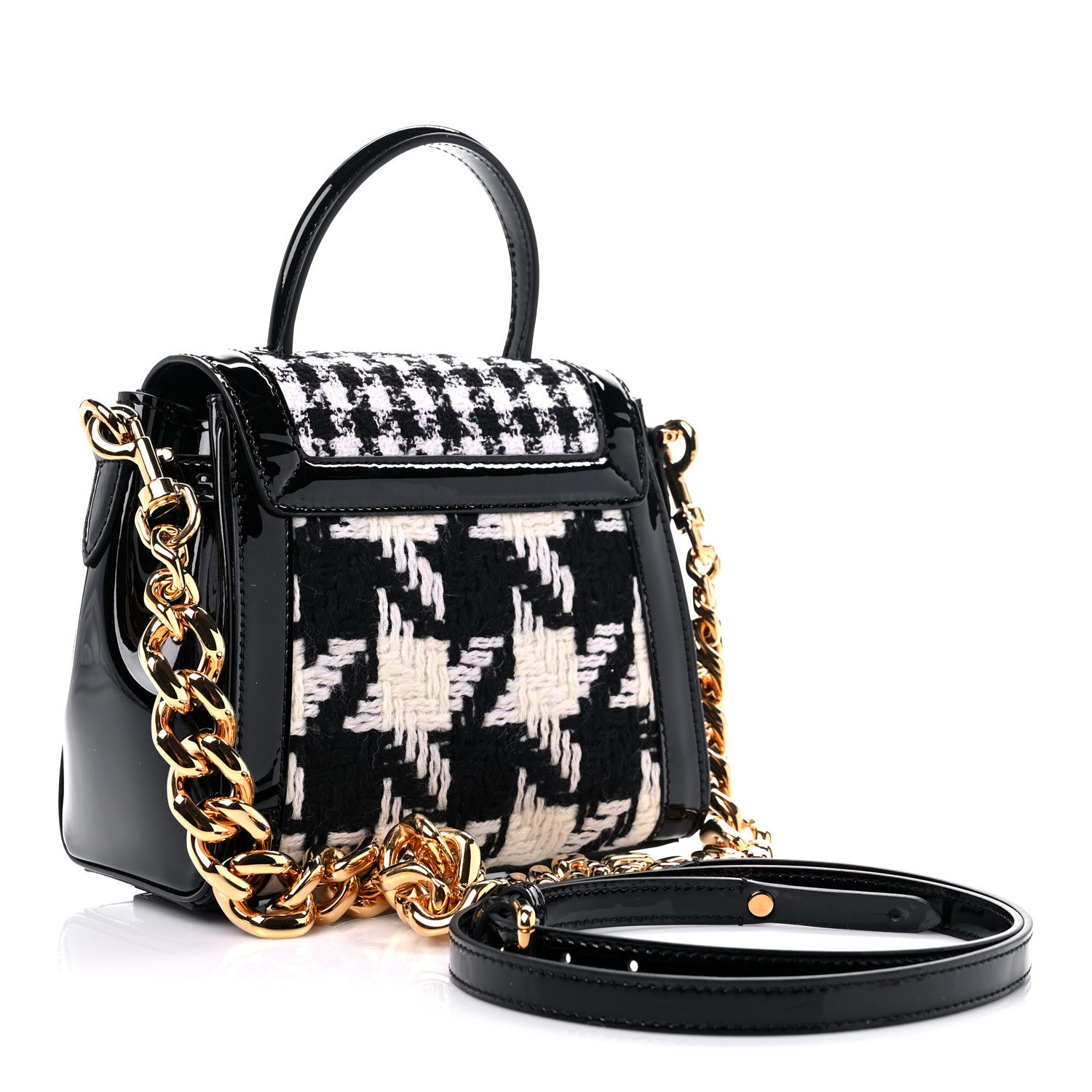 Versace Patent Calfskin Tweed Houndstooth Medusa Small Top Handle Handbag Black White 2 of 8