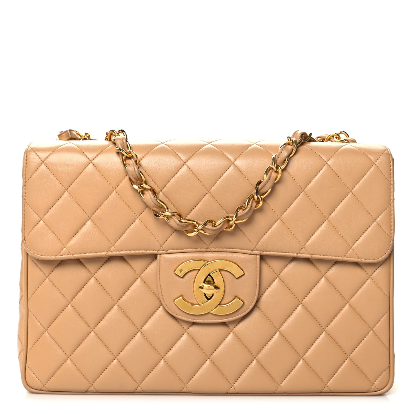 Lambskin Quilted XL Jumbo Single Flap Beige