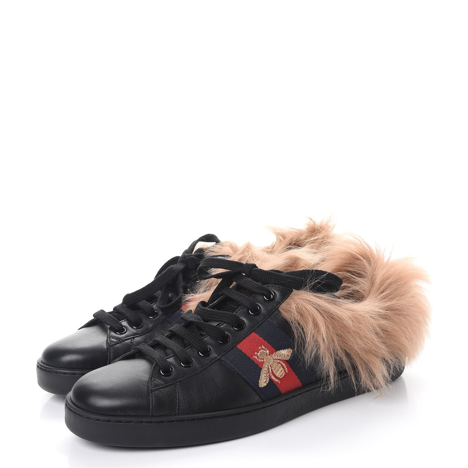 Gucci Calfskin Wool Web Bee Embroidered Mens Ace Sneakers 8.5 Black 3 of 9