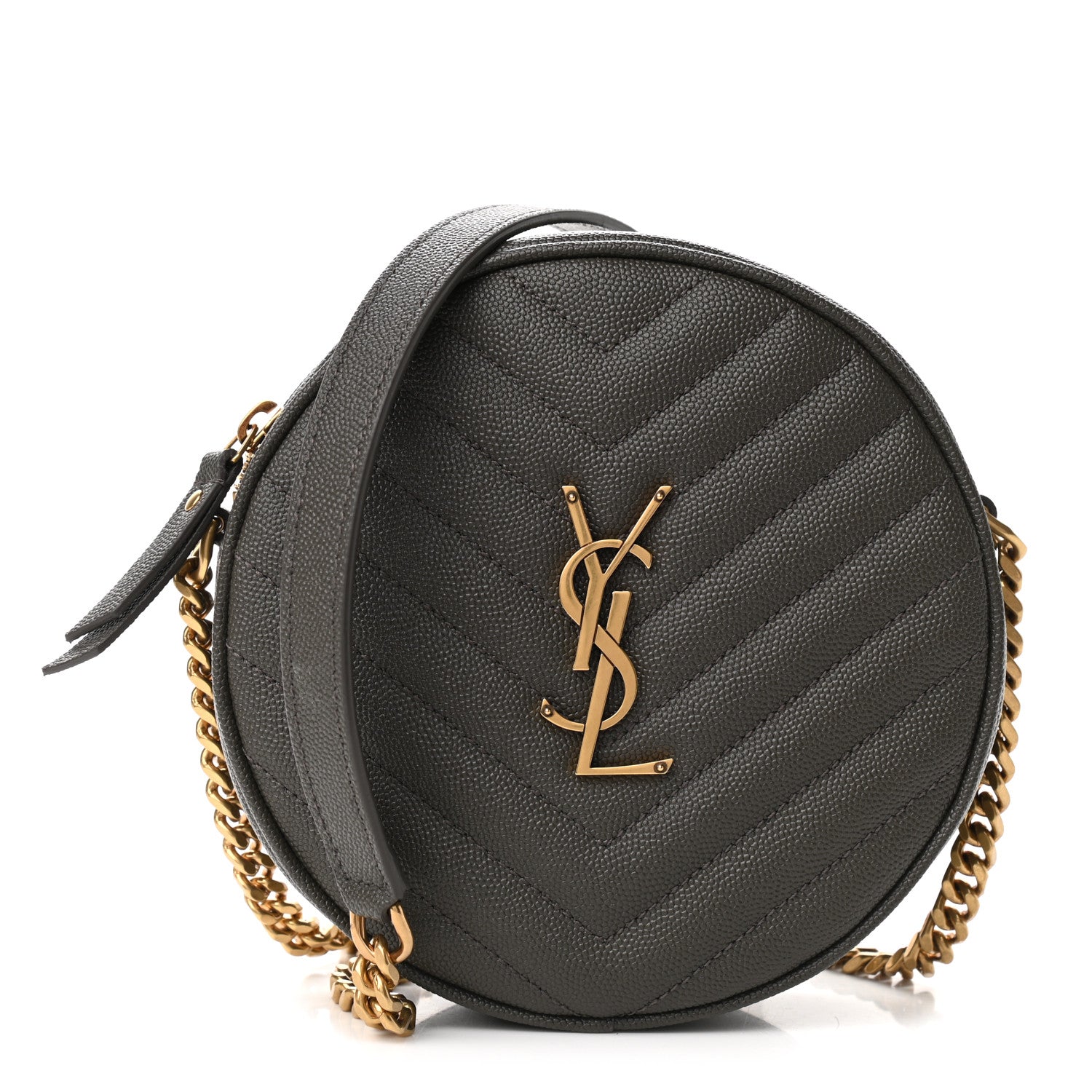 Saint Laurent Grain De Poudre Matelasse Chevron Quilted Round Vinyle Camera Bag Pebble 1 of 7