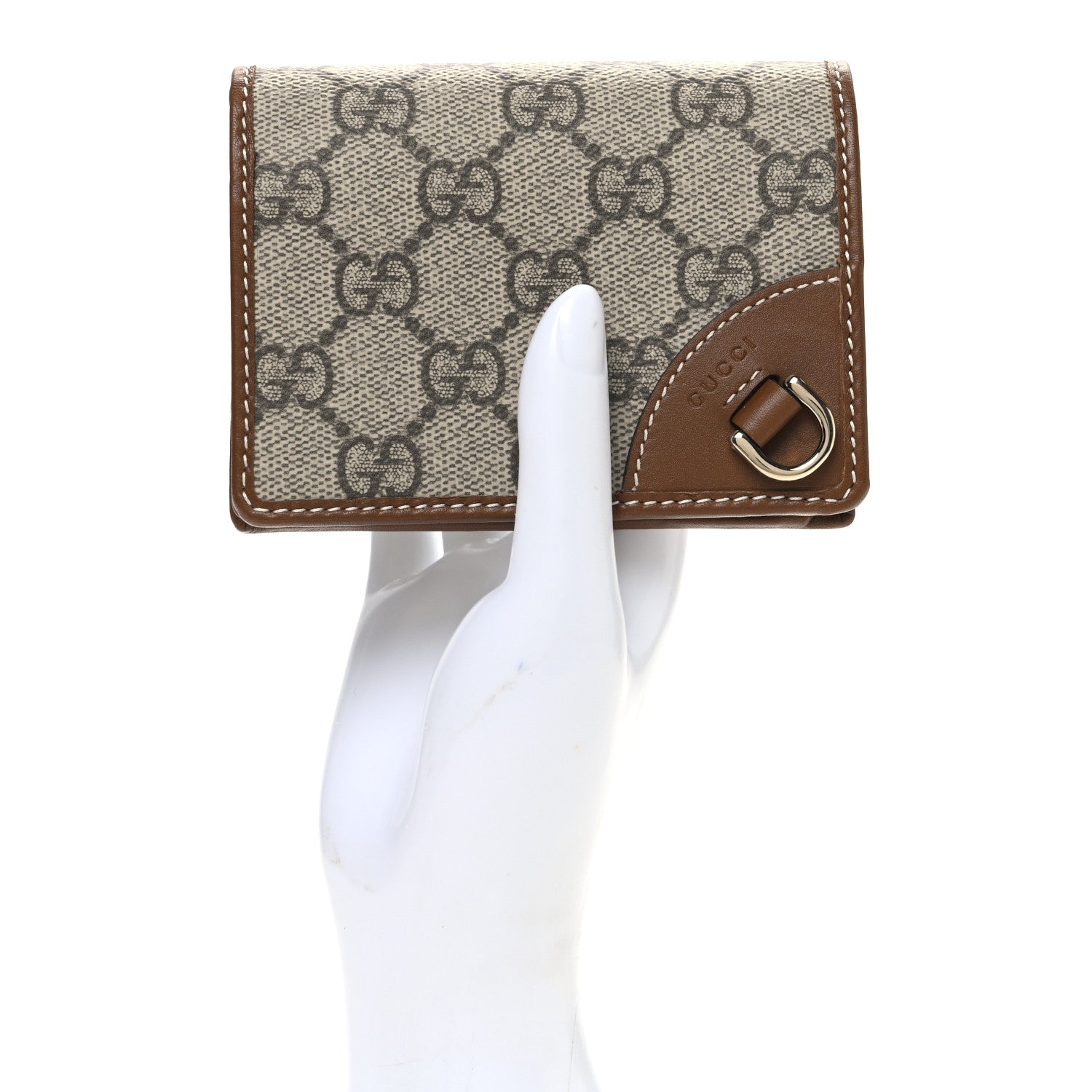 Gucci GG Supreme Monogram Textured Calfskin Emblem Mini Wallet Beige Dark Brown 2 of 7