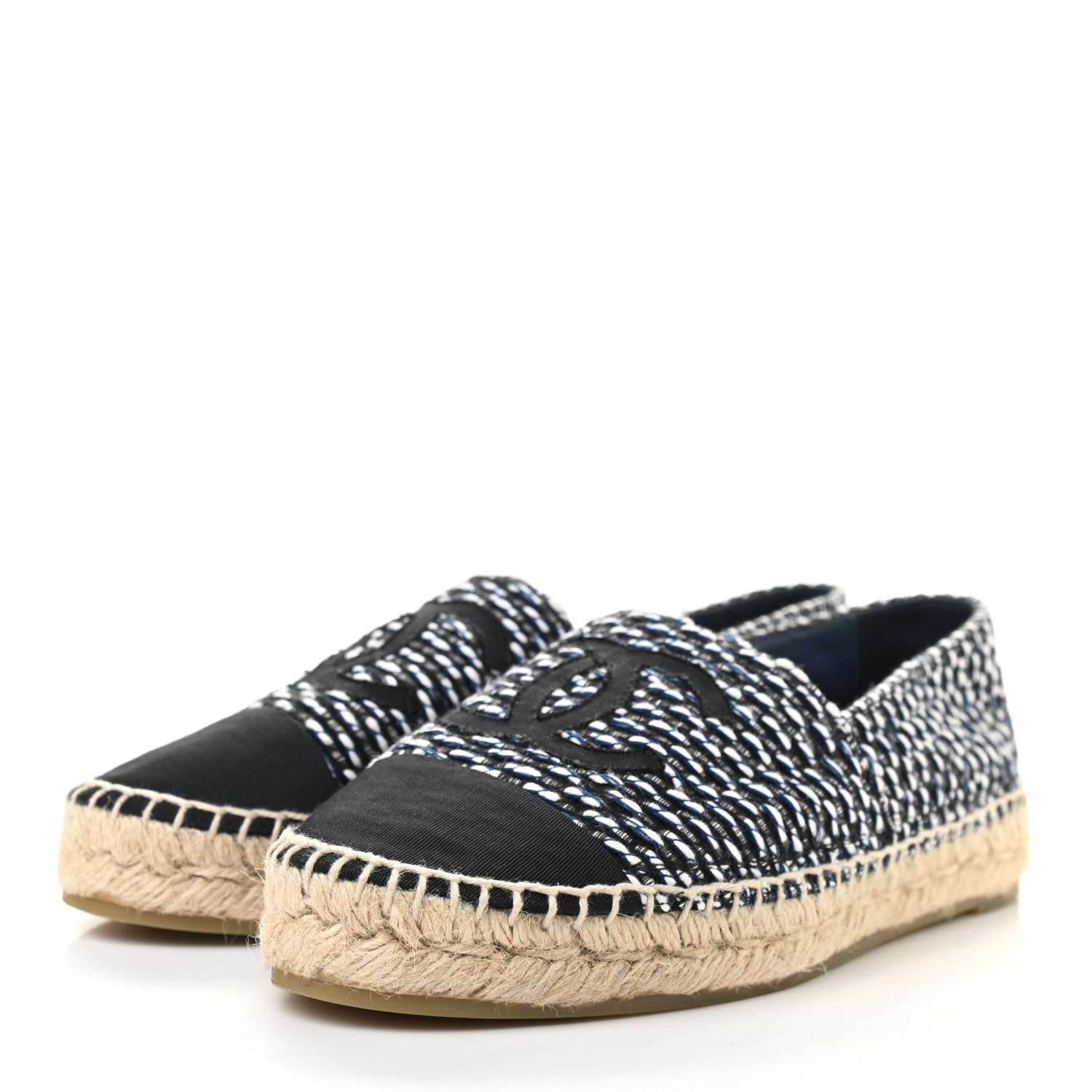 Chanel Tweed Grosgrain CC Espadrilles 36 Black Navy White 3 of 9
