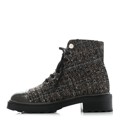 Chanel Tweed Patent Calfskin Pearl Combat Short Boots 37.5 Brown Black Grey 1 of 10