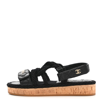 Chanel Cord Lambskin Quilted Logo Sandals 35 Black 1 of 9