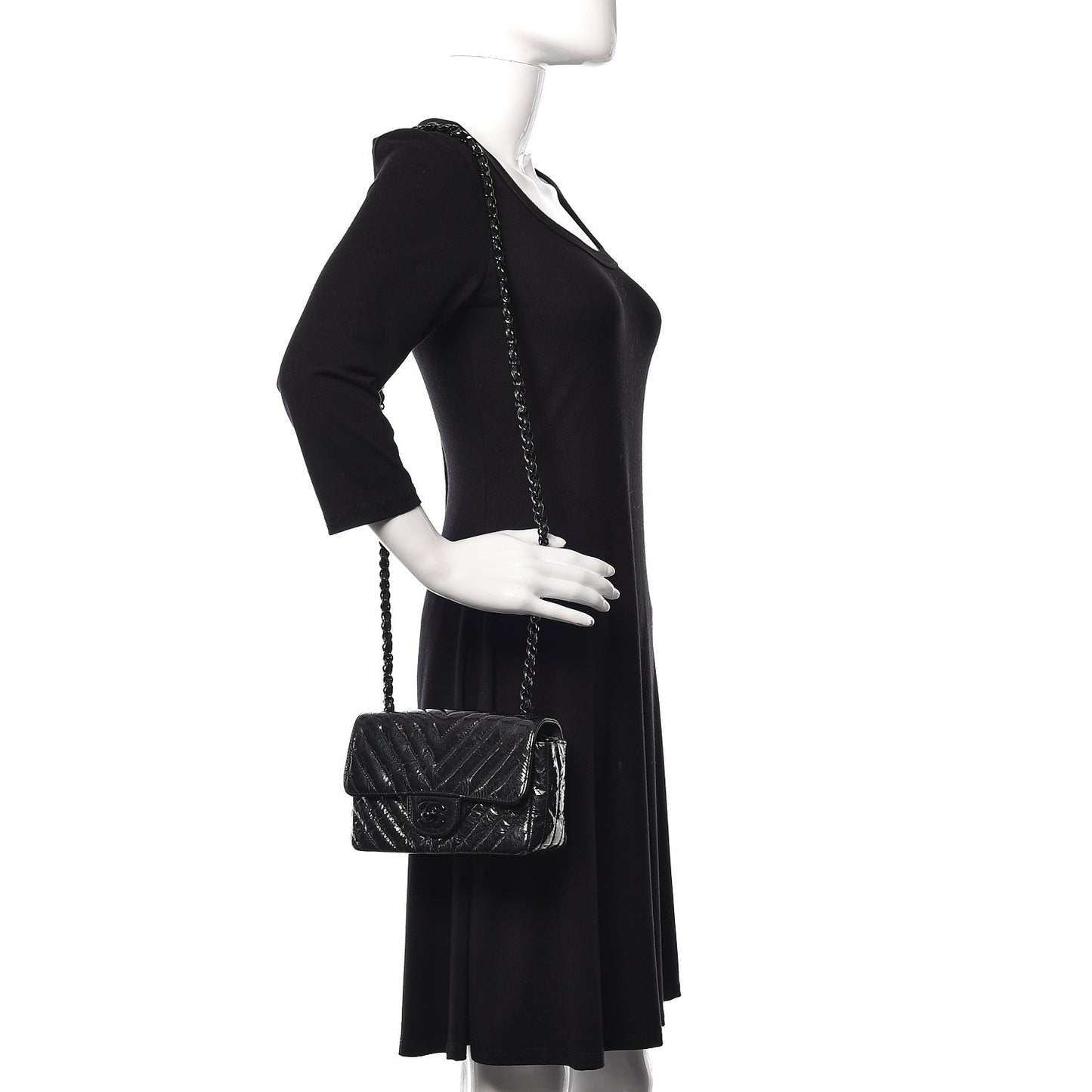 Patent Metallic Crumpled Calfskin Chevron Quilted Mini Rectangular Flap So Black