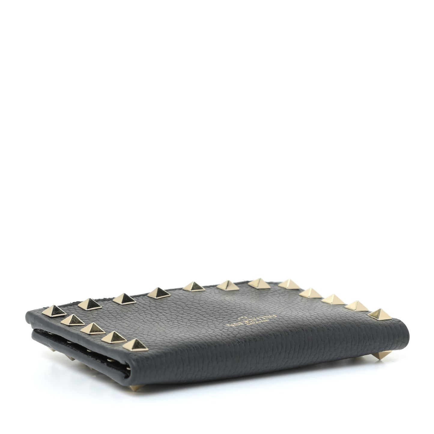 Pebbled Calfskin Rockstud Coin Case Card Holder Black