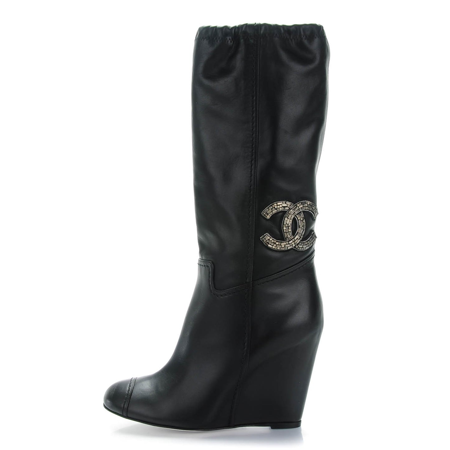 Lambskin Beaded CC Wedge Boots 37.5 Black