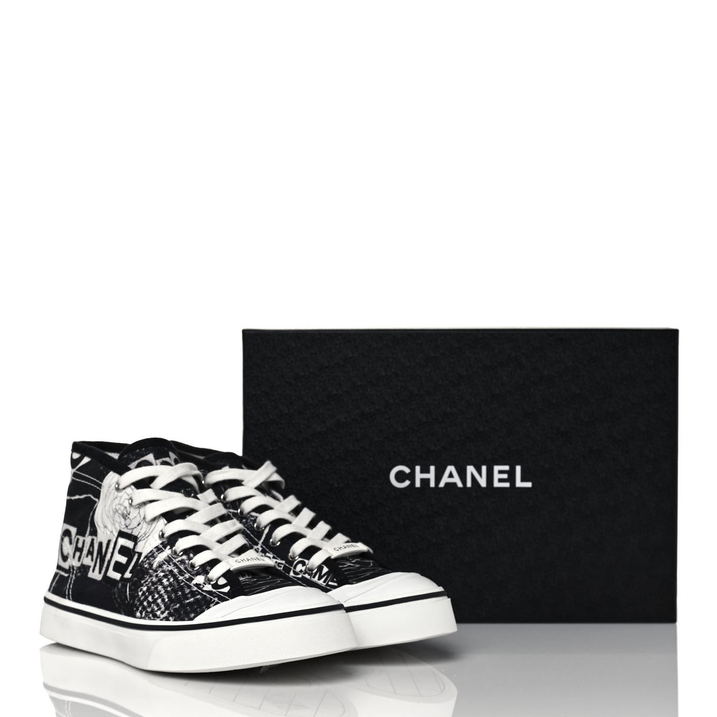 Printed Fabric High Top Logo Sneakers 39 White Black