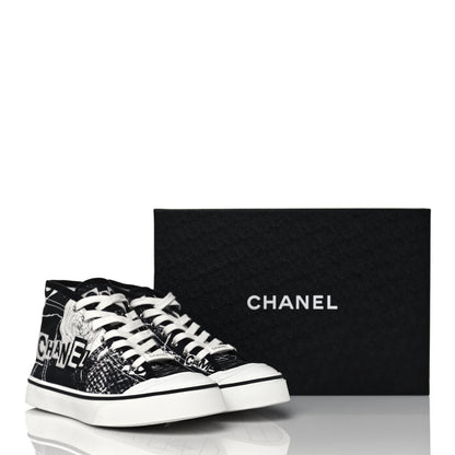 Chanel Printed Fabric High Top Logo Sneakers 39 White Black 7 of 7