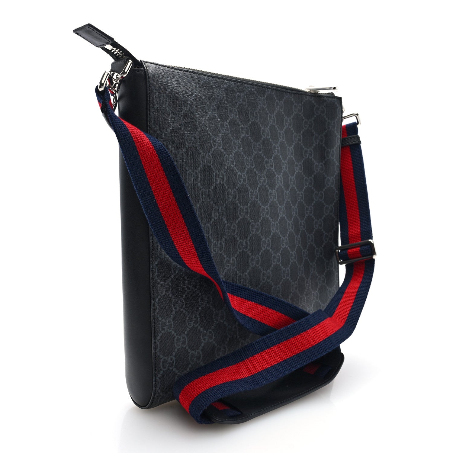 Gucci GG Supreme Monogram Appia Calfskin Web Flat Messenger Bag Black Grey Black Grey 3 of 10