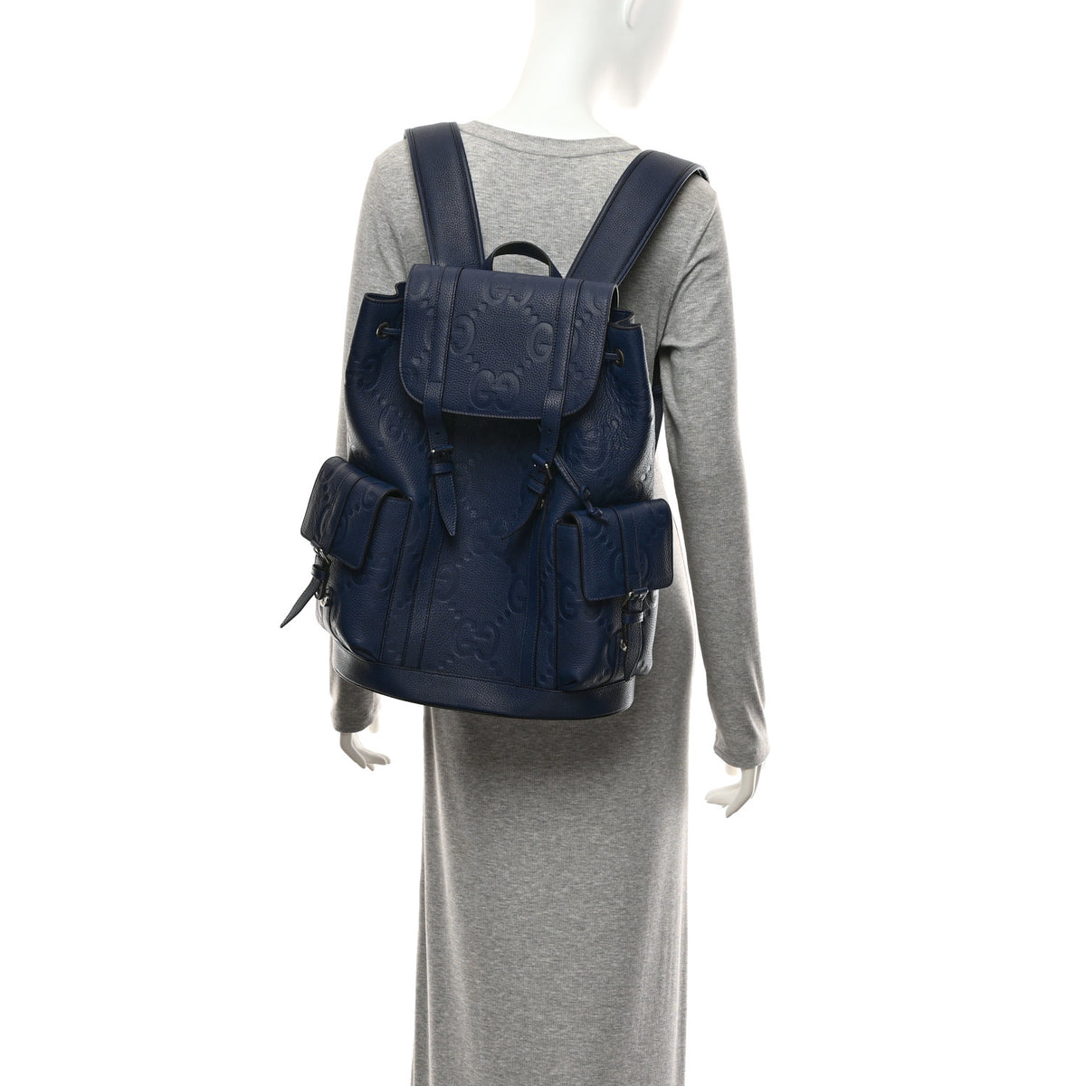 Gucci Piuma Calfskin Jumbo GG Embossed Double Buckle Backpack Navy 2 of 11