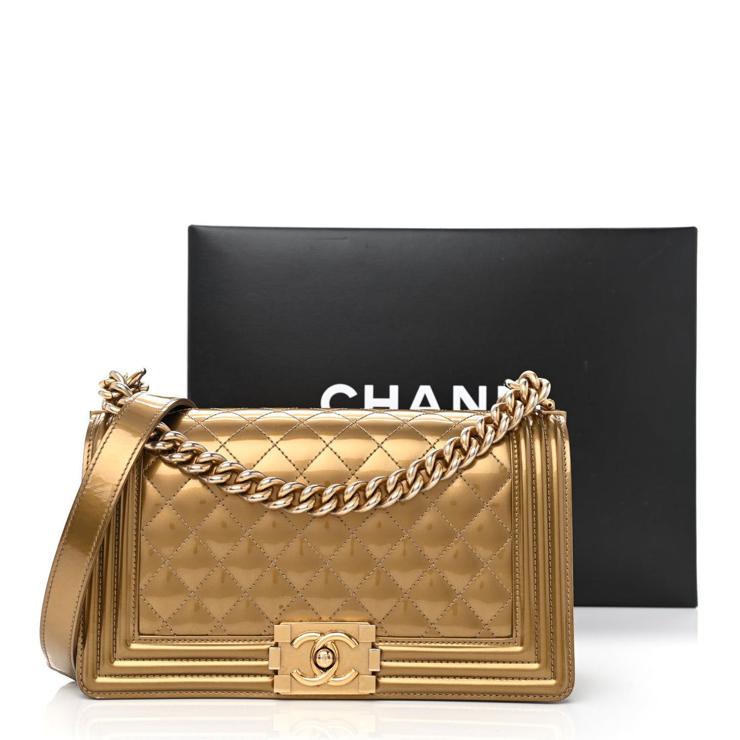 Metallic Patent Calfskin Quilted Medium Boy Flap Gold