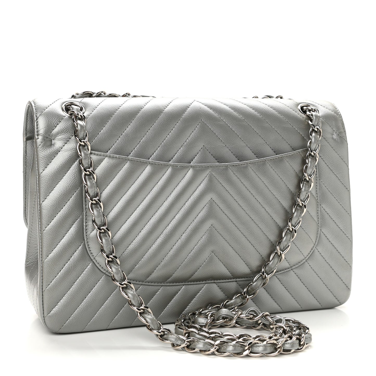 Metallic Caviar Chevron Quilted Jumbo Double Flap Silver