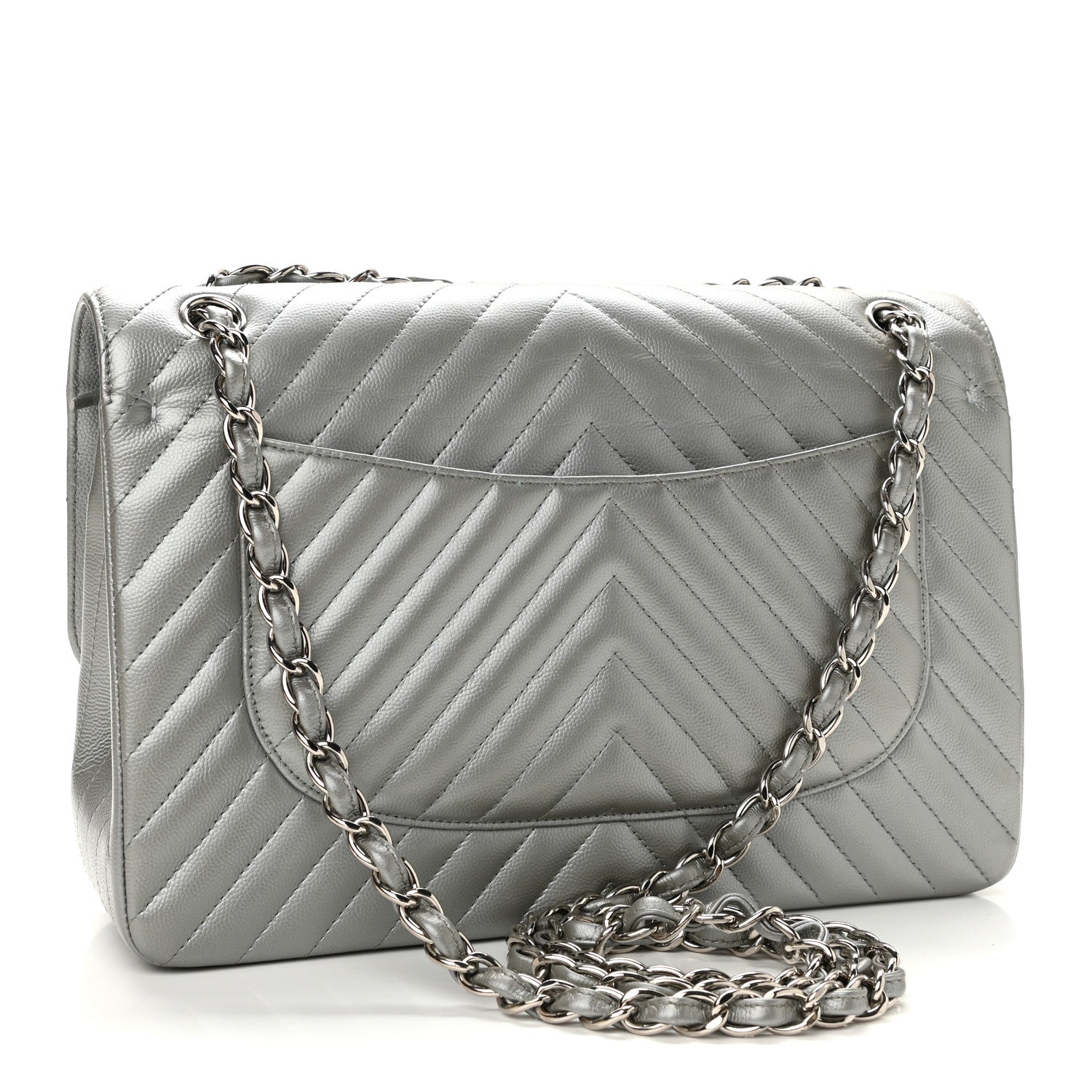 Chanel Metallic Caviar Chevron Quilted Jumbo Double Flap Silver 3 of 12