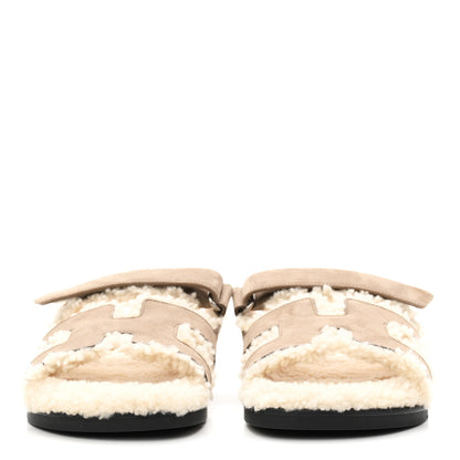 Hermes Suede Goatskin Woolskin Womens Chypre Sandals 38.5 Etoupe 3 of 8