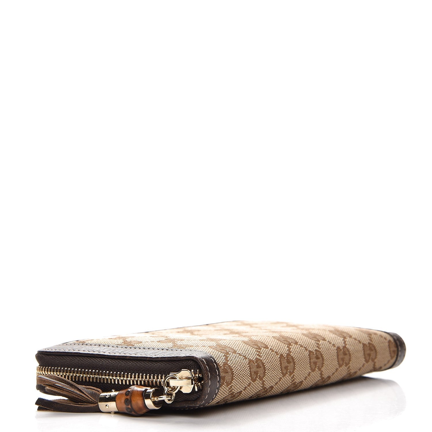 Gucci Monogram Calfskin Bamboo Tassel Zip Around Wallet Beige Ebony Chocolate 4 of 9