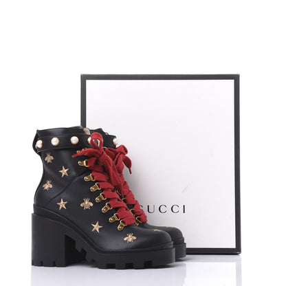 Gucci Calfskin Embroidered Lace Up Combat Ankle Boots 39.5 Black 11 of 11
