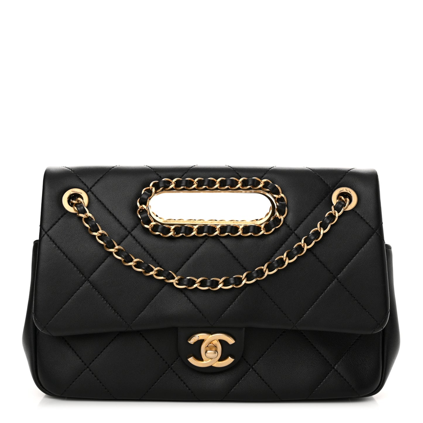 Lambskin Small Chain Handle Flap Bag Black
